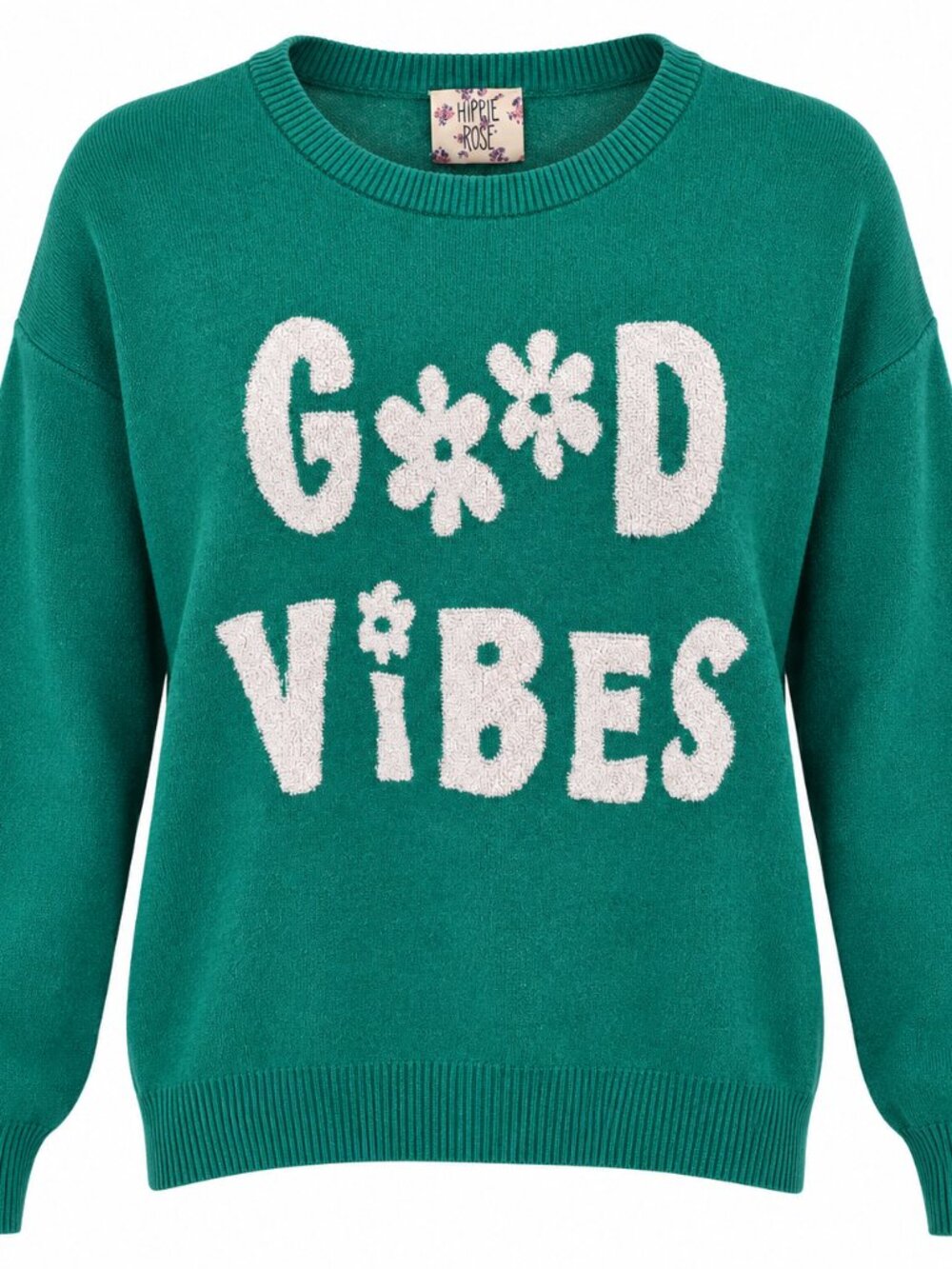 Hippie Rose Good Vibes Graphic Sweater Green Floral Crewneck Pullover L